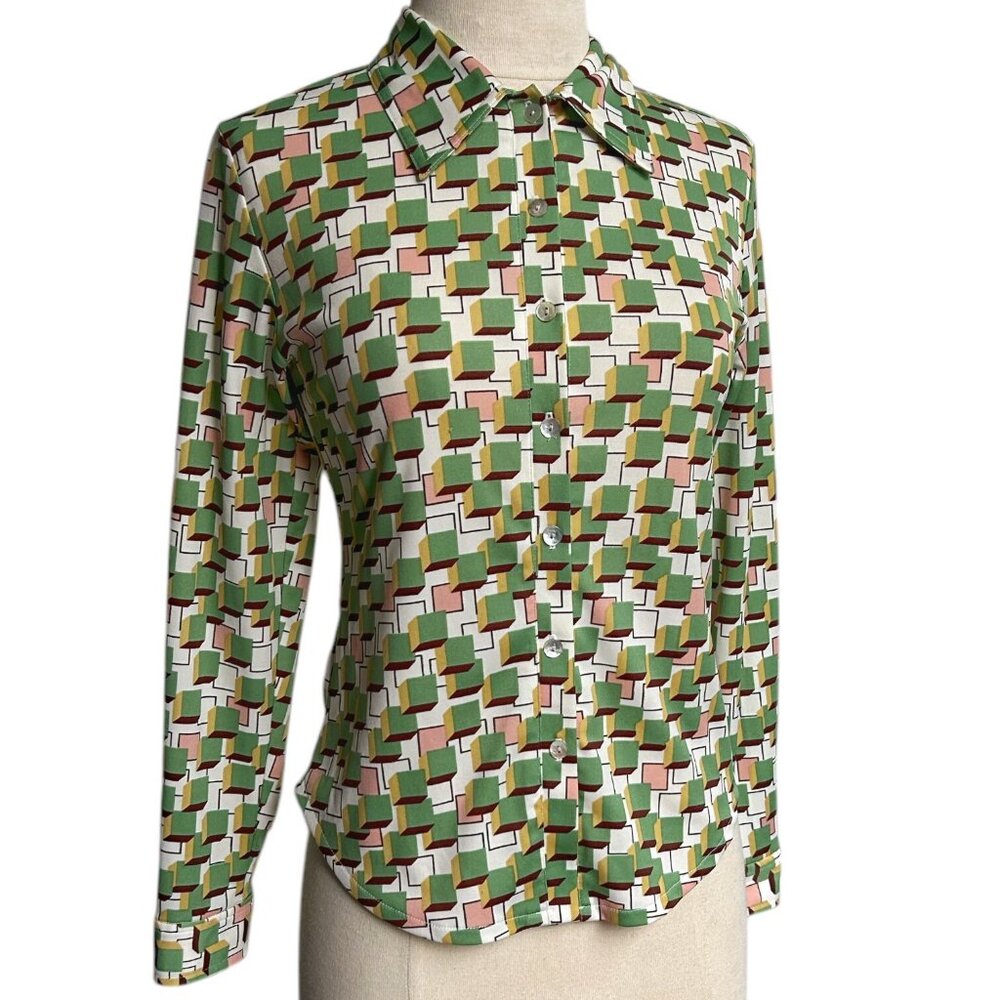 70s vintage geometric print shirt abstract cube checker pattern Japan fabric.